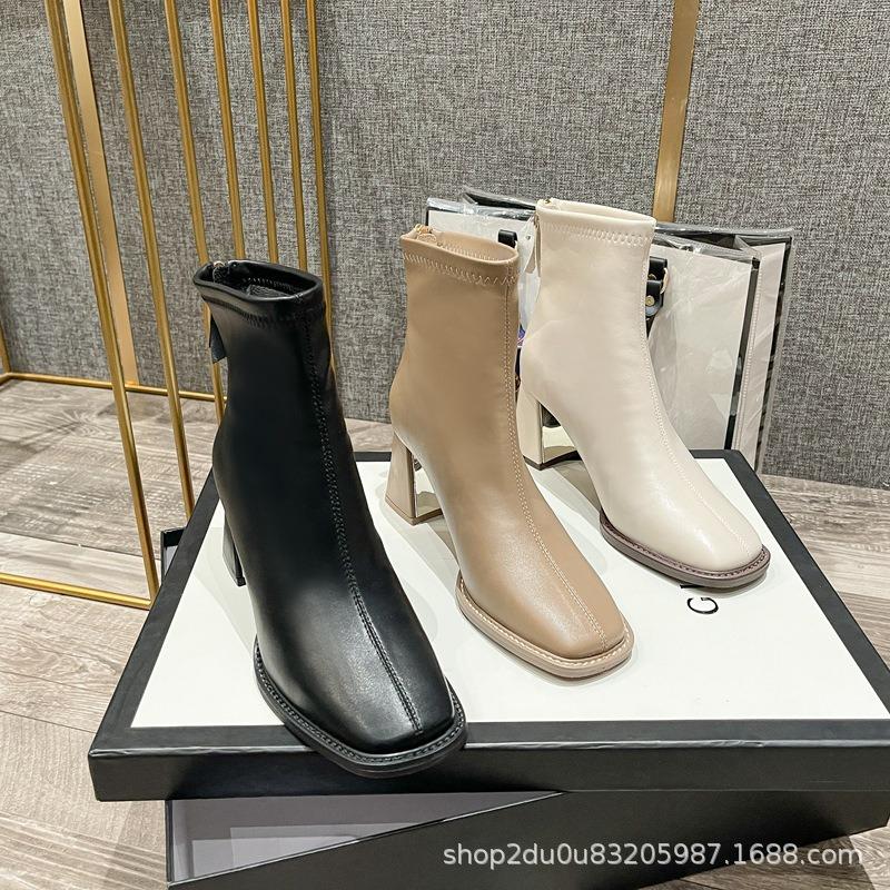 M259-1 Short Boots Women's Autumn and Winter Square Head Thick Heel Martin Boots Versatile Thin Boots Mid-heel Rear Zipper Fashion Boots Women