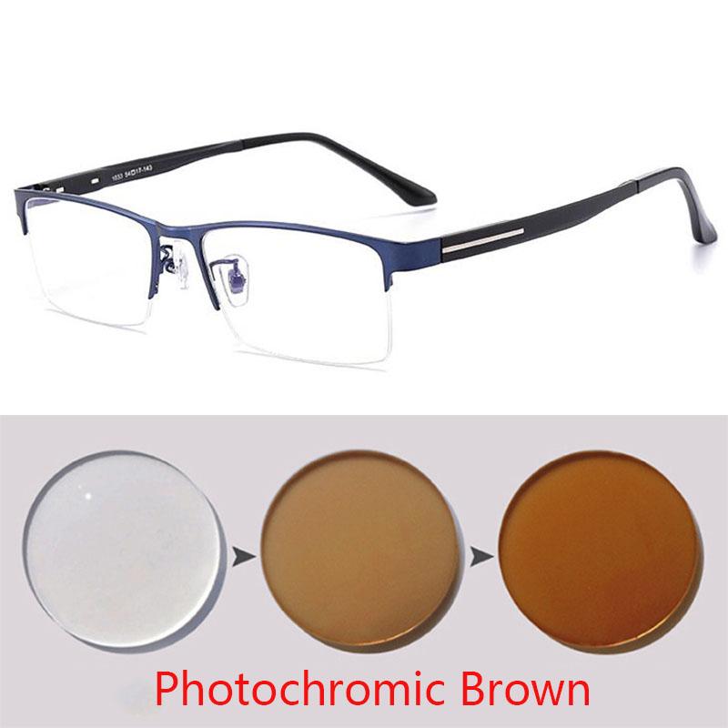 Men's Outdoor Shade Semi-Rimless Photochromic Gray Square Prescription Eyeglasses Metal Shortsight SPH 0 -0.5 -0.75 -1.0 TO -6.0