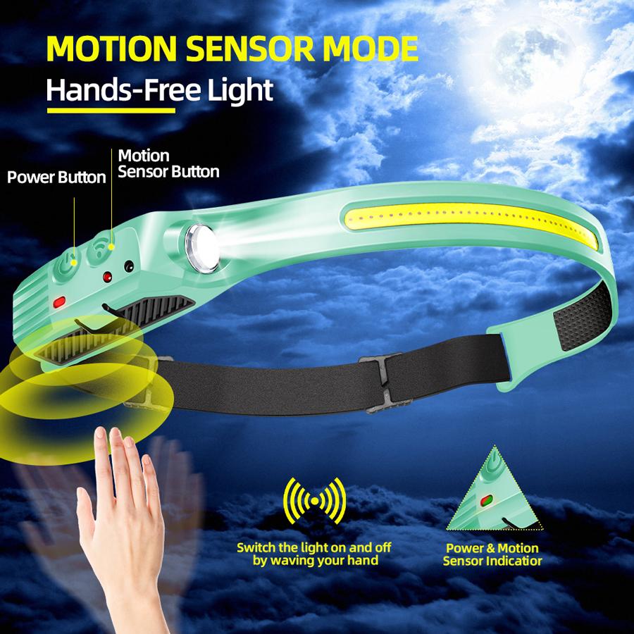 230° Induction LED Headlamp 5 lighting Modes Head flashlight COB rechargeable lantern for camping running Waterproof Head Light