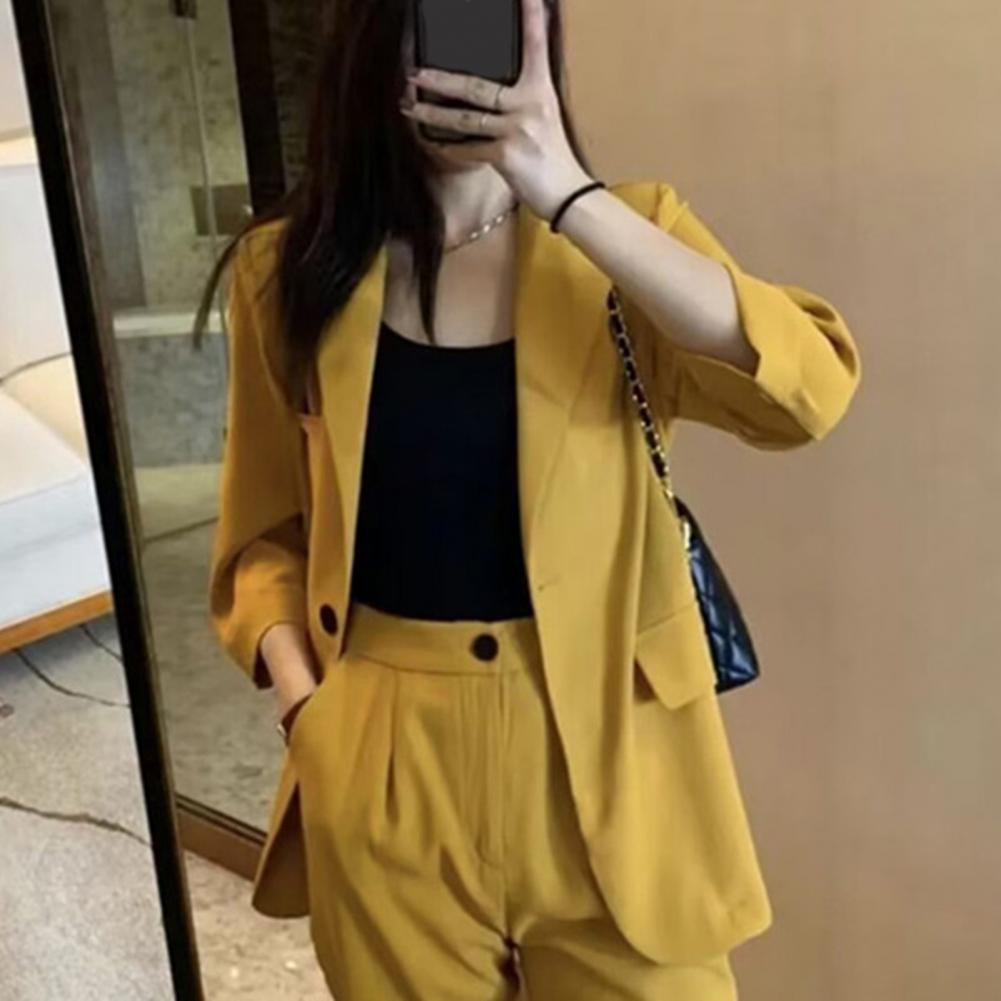 Women Suit Coat Lapel 3/4 Sleeve Double Breasted Suit Jacket Solid Color Loose Fit Flap Pockets Business Outwear