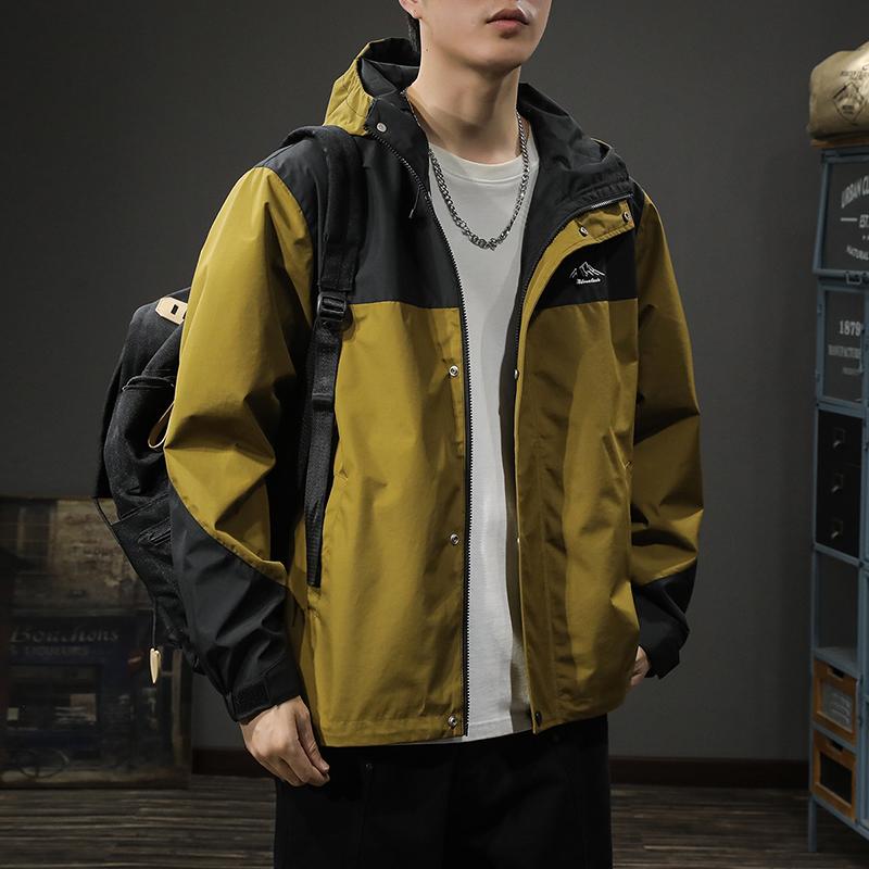 Outdoor Windproof Jacket Hooded Jacket Men'S Loose Large Size Trend Contrasting Color Splicing Tooling Outside