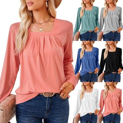 Women's Solid Color Square Neck Pleated Jacquard Long-Sleeve Loose T-Shirt for Autumn/Winter 2023