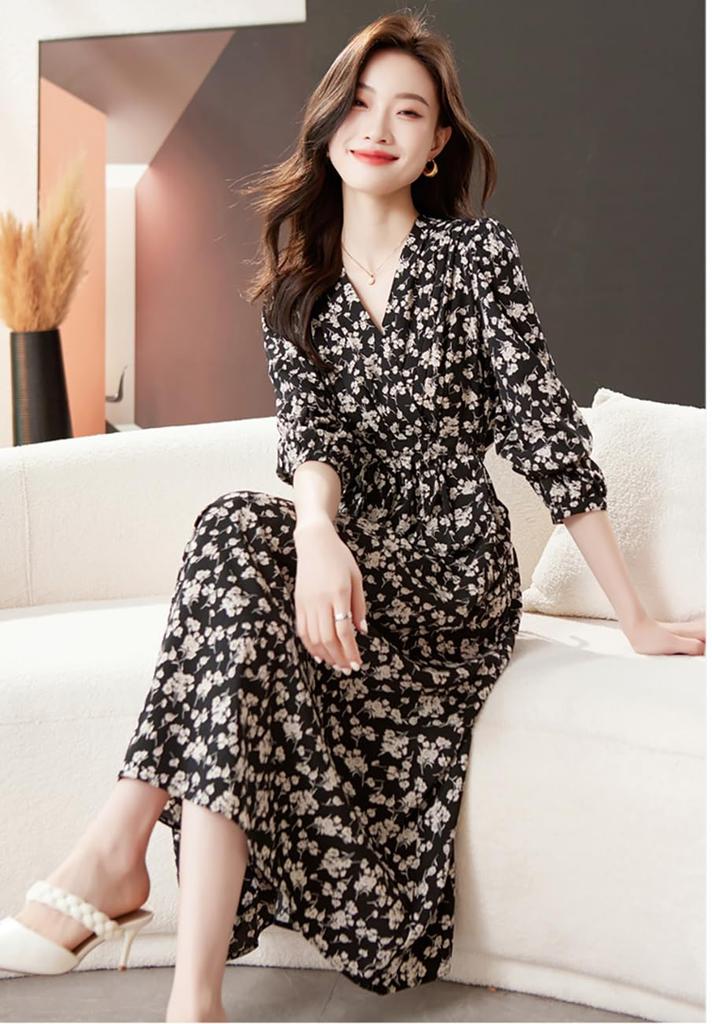 Floral Print Long Casual High Long Black Pockets Black and White Floral [Seira] Dress, Sleeve, Dress, Knee-Length, Waist, A-Line, Spring/Autumn,