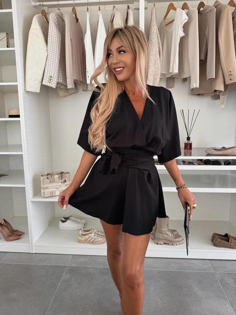 2025 Trendy V-Neck Short Dress & Tie-Up Casual Jumpsuit for Women: European & American Fashion