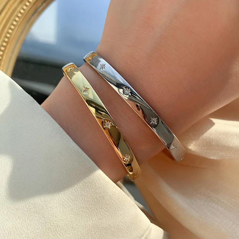 Exquisite Shining Star Zirconia Open Bracelet Fashionable Women's Evening Bracelet Girls Trendy Party Jewelry Gift