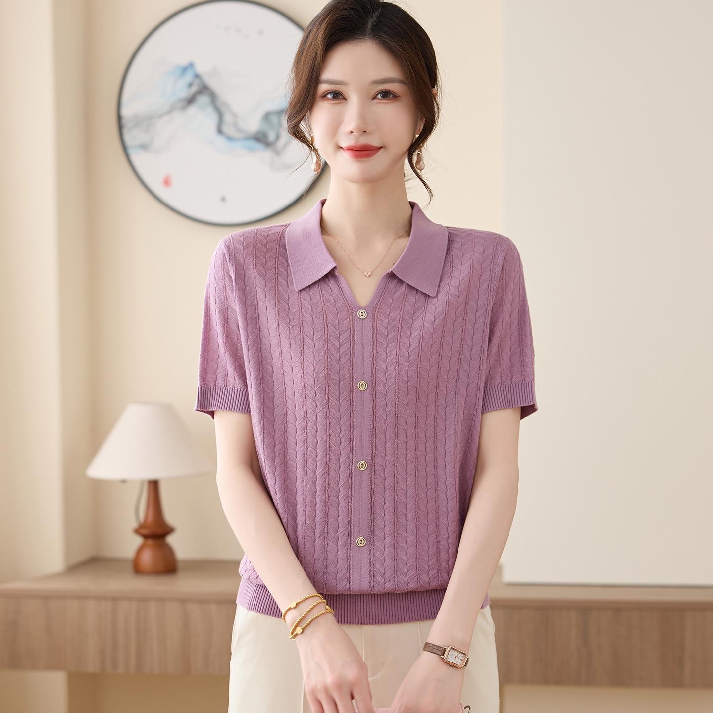 

Mom s 2026 Summer Stylish Lapel Short-Sleeve Ice Silk Shirt for Middle-Aged & Elderly Women 3XL (120-135 lbs) фиолетовый