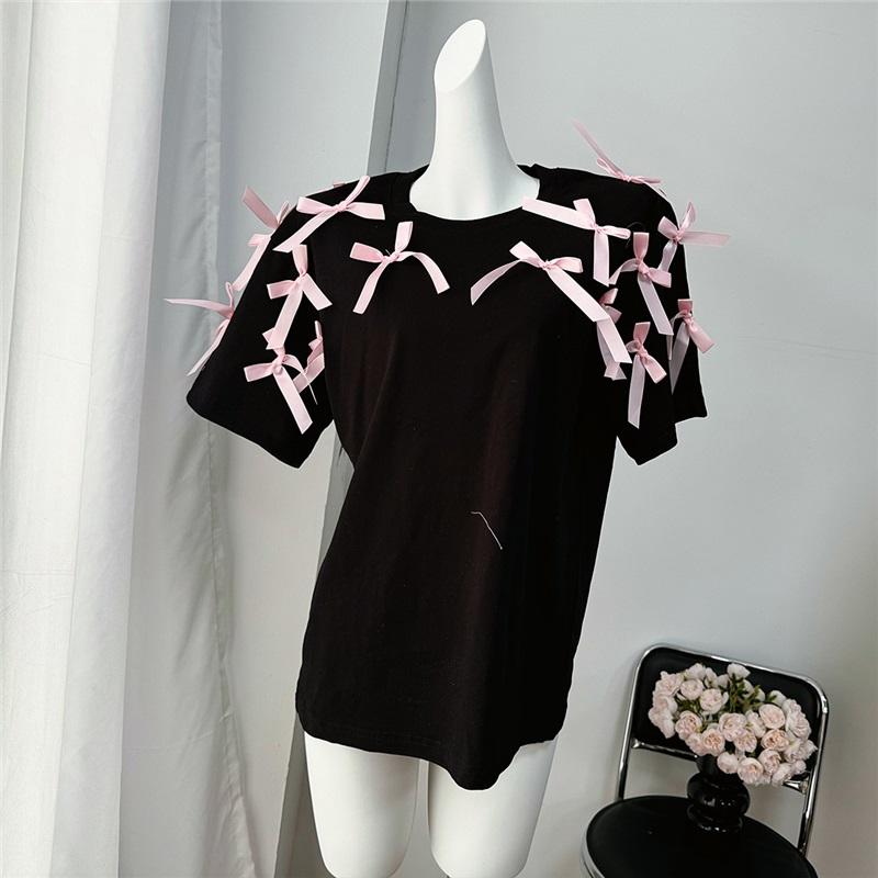 Cute European American Style Ribbon Bow Loose Short Sleeve T Shirt Comfortable Cotton Casual Top For Girls Loose Fit Stylish Upper Wear For Everyday