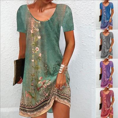European and American Summer Floral Print Short Sleeved Skirt Casual Dress Fashionable Women's Clothing