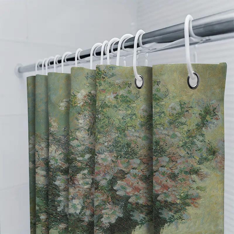 Waterproof Shower Curtains Hand-Painted Floral Design For Bathroom Decoration, Green White Color Scheme