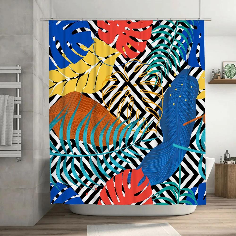 Modern Shower Curtain with Monstera Plant Print Bold Colors for Bathroom Decor Unique Wall Hanging Home Décor Accessories