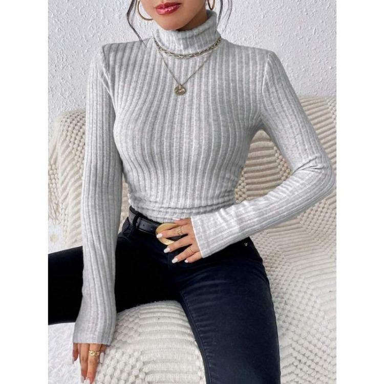 Elegant High Neck Slim Sweater for Women Long Sleeve Solid Color Autumn Winter Clothing