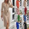 Autumn Solid Color Waist-Tied Turn-Down Collar Slit Dress for Women