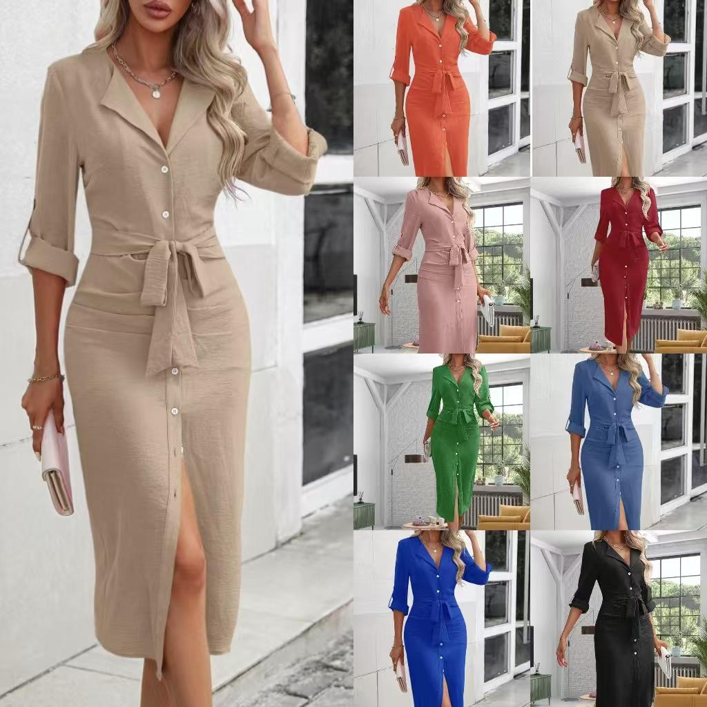 

Autumn Solid Color Waist-Tied Turn-Down Collar Slit Dress for Women S