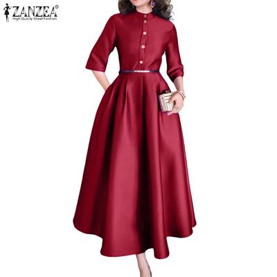 Women Casual Stand Collar 3/4 Sleeve Loose Long Dress