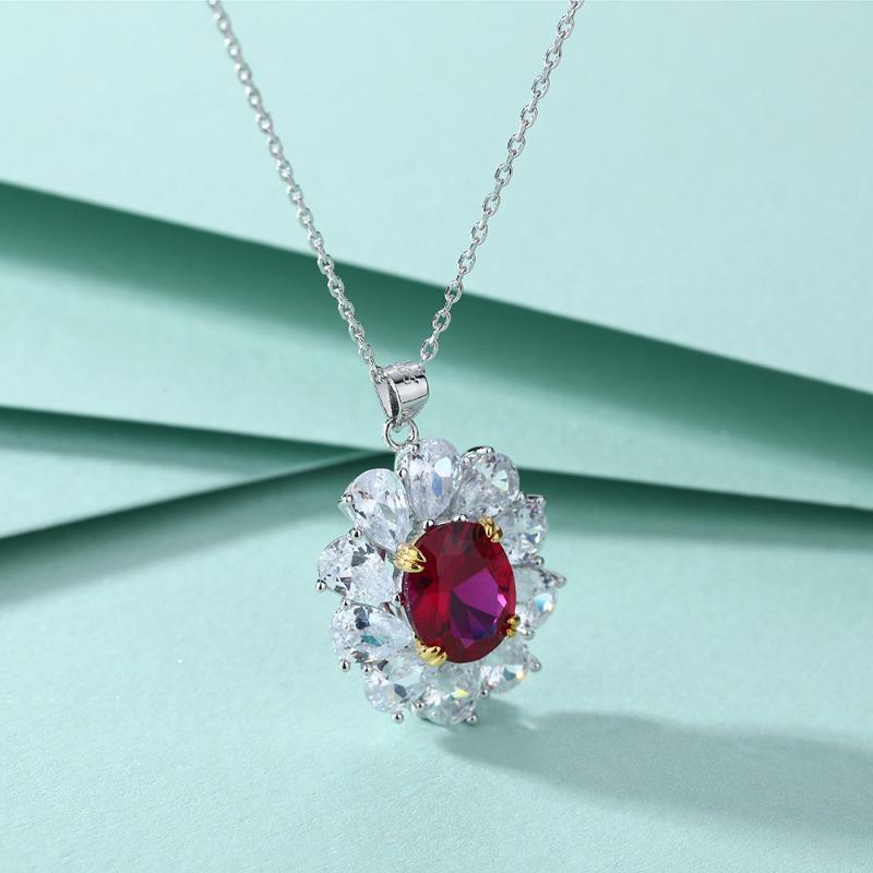 High-end Red Zircon Flower Pendant, Ruby Necklace, Women's High-end 925 Sterling Silver Collarbone Chain.