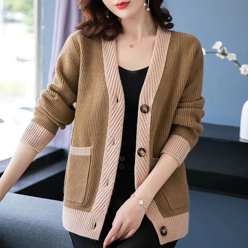 Sweater Coat Women's Loose Korean Style Short Cardigan Contrast Color Tops for Women