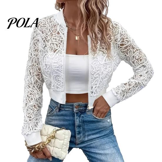 Lace Cutout Sleeves Jacket Women's Floral Jacket, Sexy See Through Long Lightweight Women Sleeve Crop Coat, Zip-Up Sheer Outerwear Spring for