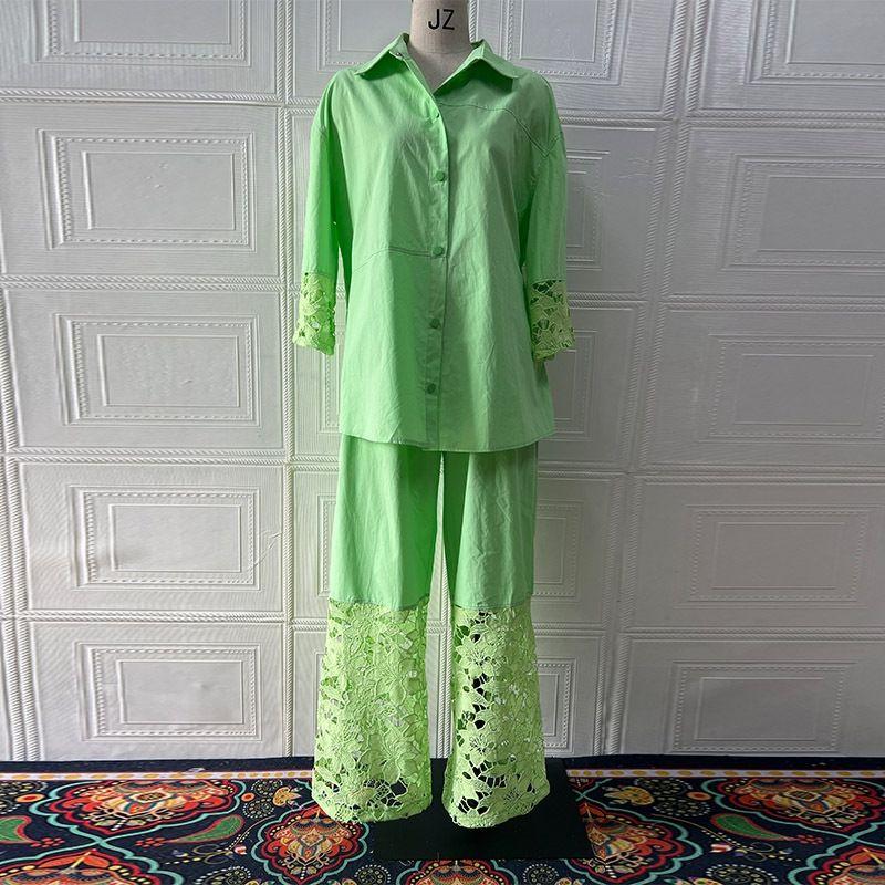

Shirt and Pants Set Fashion New Fashion Casual Loose Patchwork Lace Shirt Pants Suit Fruit Green XXXL