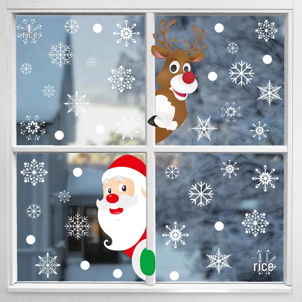 Weihnachtsmann, Schneemann, Rentier & Schneeflocke Elektrostatische Fensteraufkleber