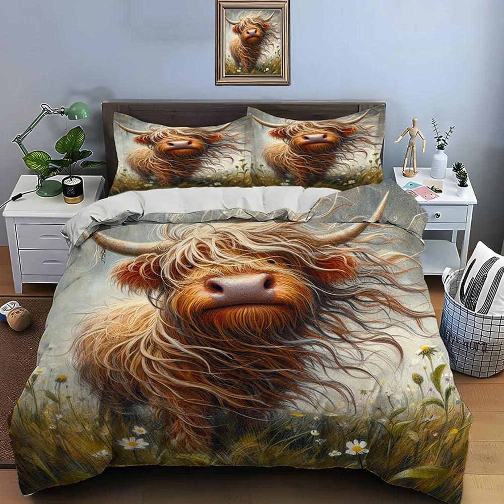 Highland Cattle Print Bedding Set Cute North American Duvet Cover 1 Duvet Cover 2 Pillowcases Adult and Kids Bedding Set Luxury