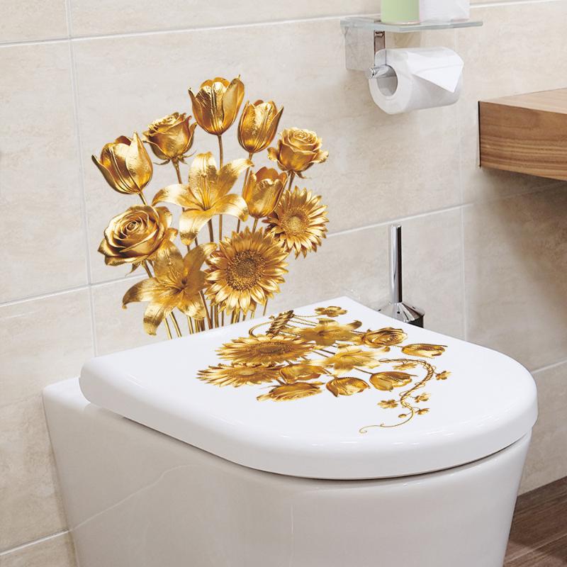 2 Sheets Bathroom Wall Background Decal Gold Flower Pearl Waterproof Toilt Sticker Home Decoration Self-Adhesive Posters