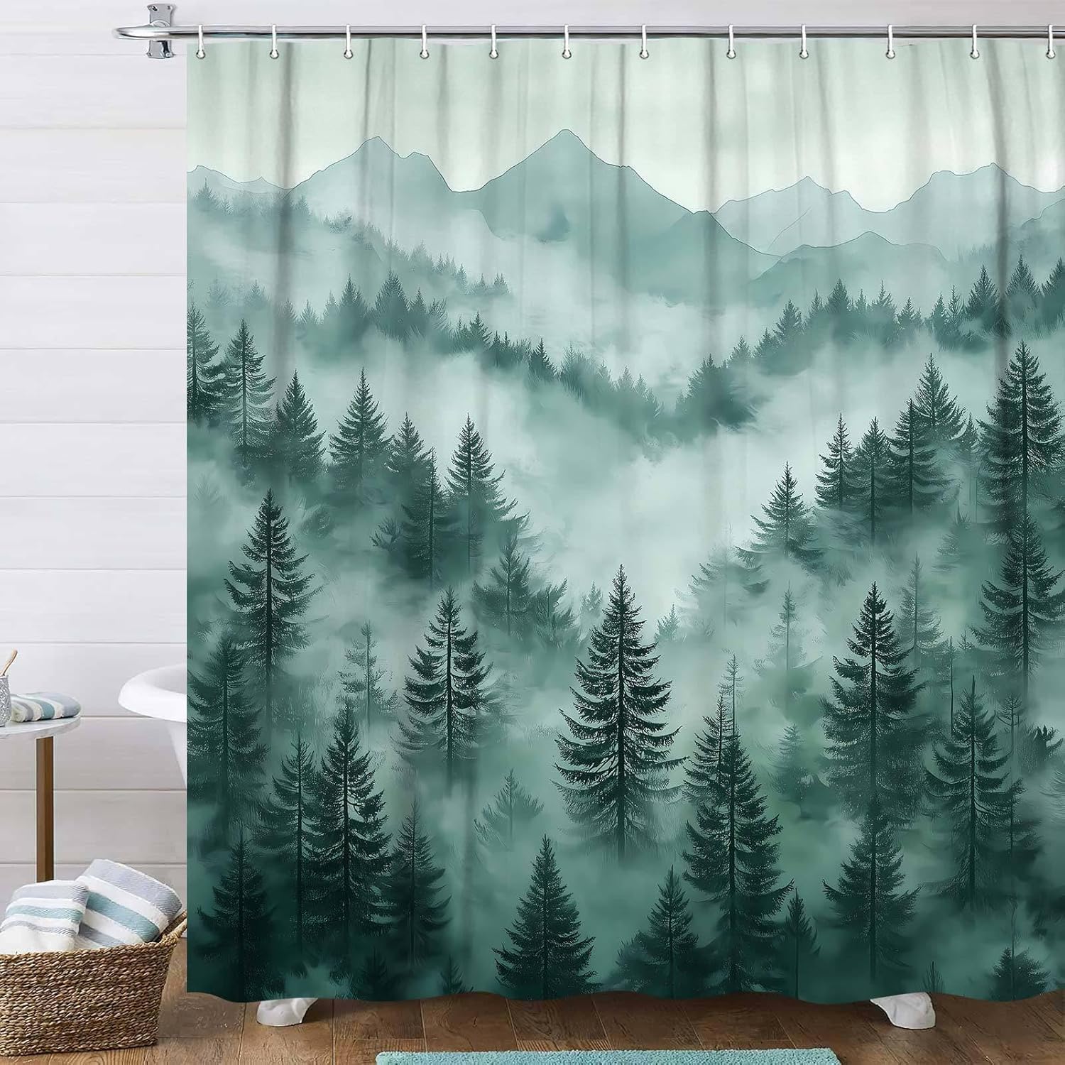 

Misty Green Forest Shower Curtain – Foggy Pine Trees & Mountain View, Rustic Nature Bathroom Decor 12Pcs Hooks W60H190(CM)-1 Pcs