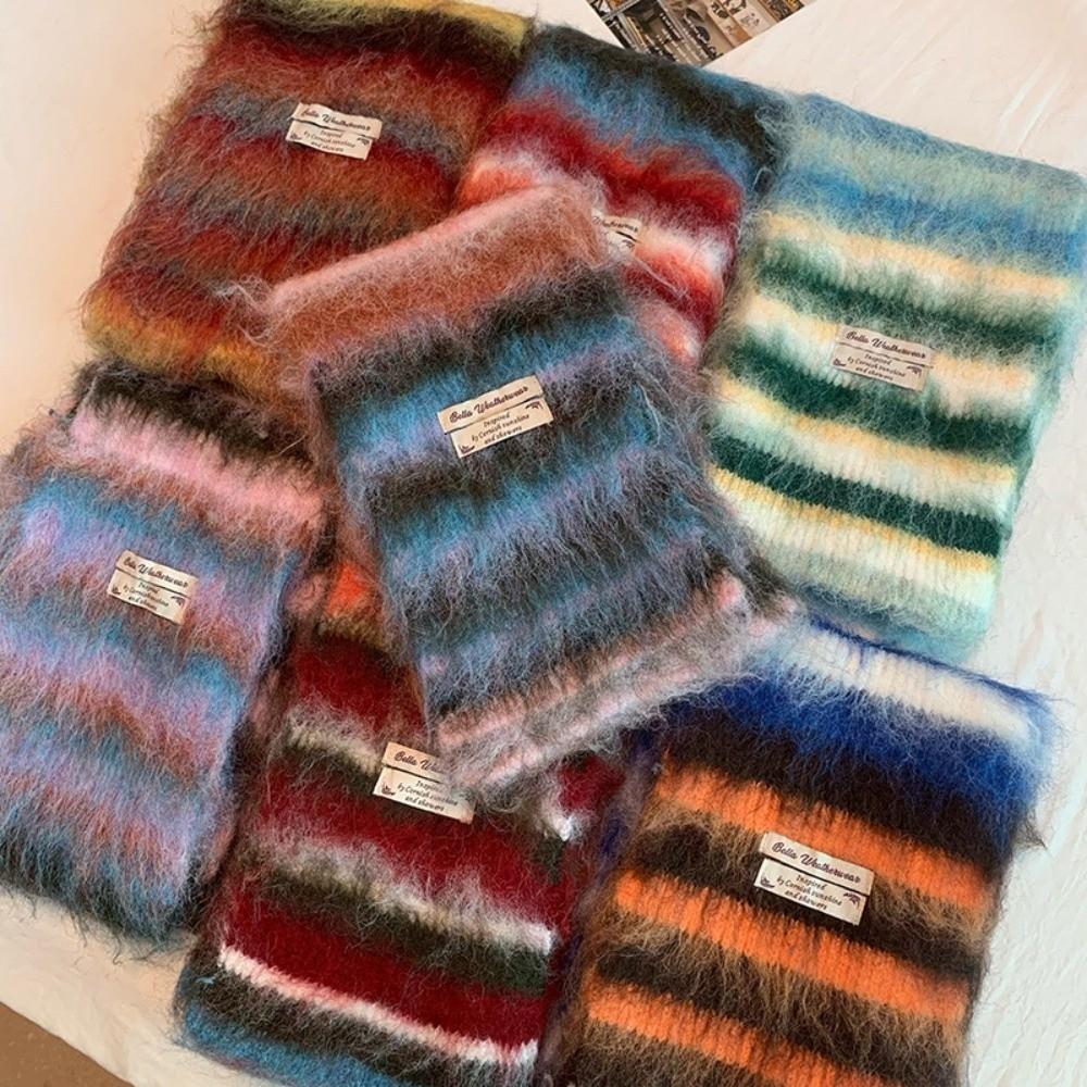 New Striped Winter Cashmere Scarf Soft Warm Woolen Scarves Mohair Rainbow Color Thickened Shawl Wrap Women