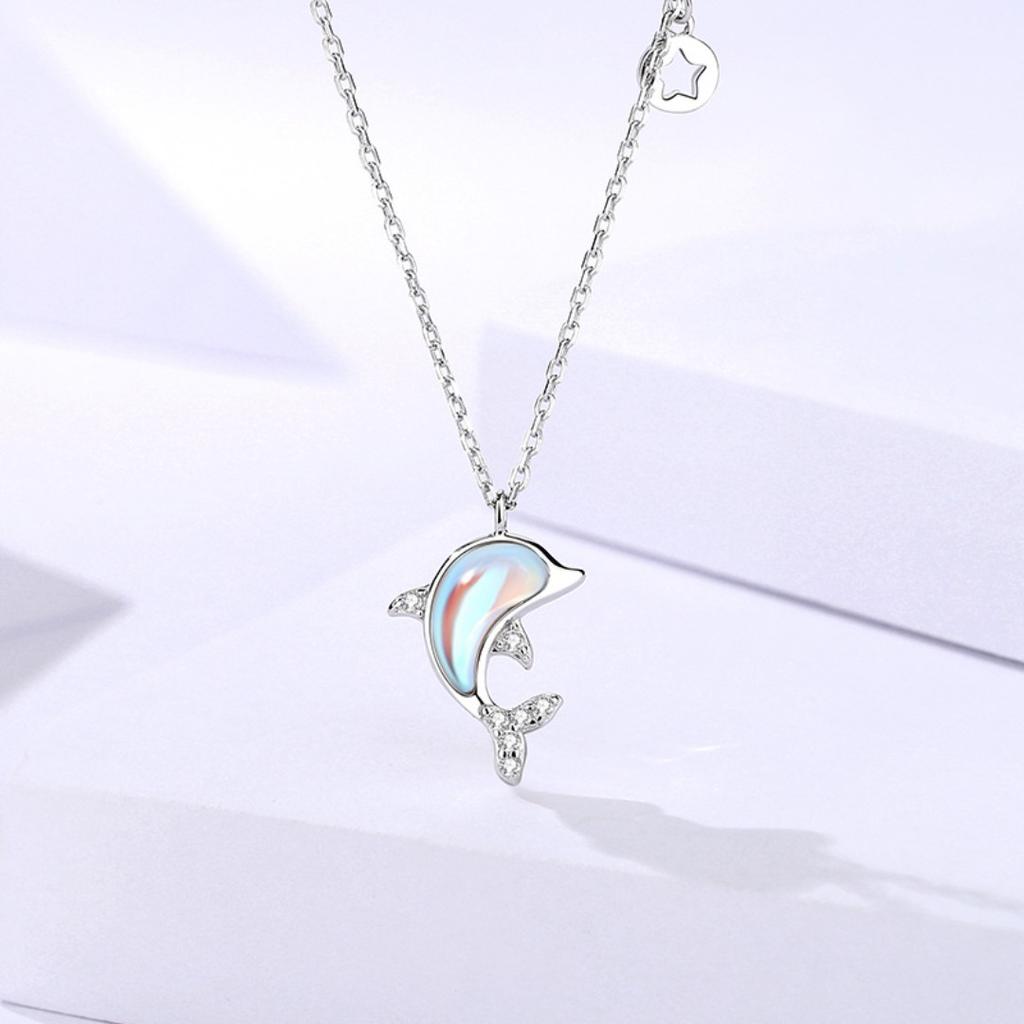 Dolphin Love Necklace S925 Sterling Silver Cute Fairy Wind Collarbone Chain Micro Moonstone Pendant