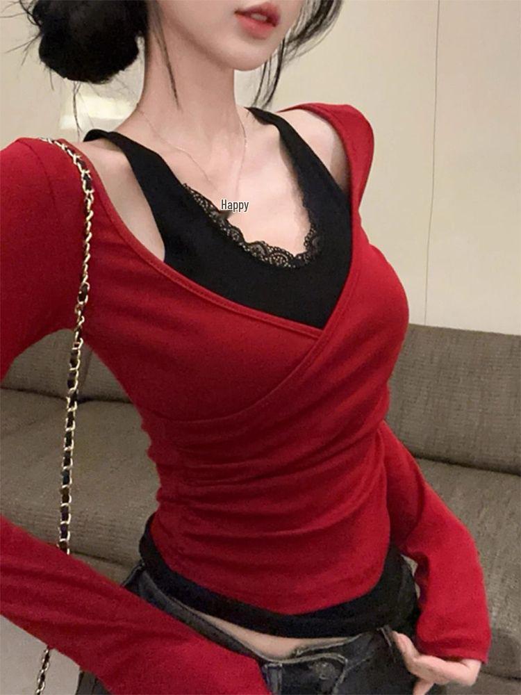 

Сексуальный красный кружевной топ с V-образным вырезом, на одно плечо, халтер, с длинным рукавом для женщин Large красный