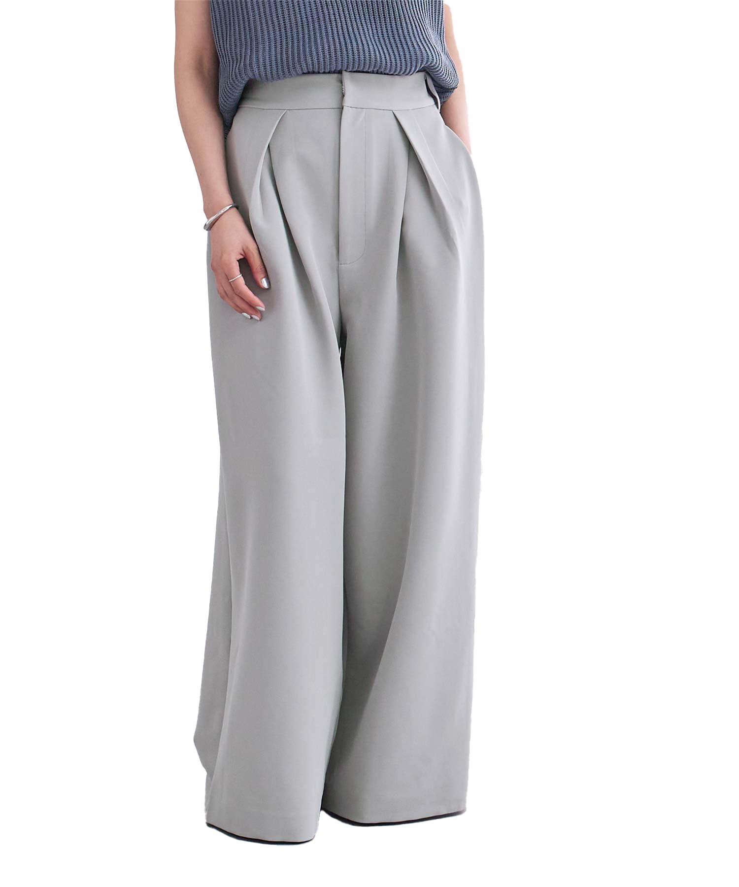 Yours BFXN2160 Tuck Design Light Gray Women s High-Waisted Wide-Leg Pants,