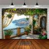 2D Coastal Town Banner, Sea View Balcony Backdrop for Decor & Studio