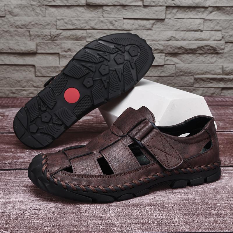 Fashion Breathable Man Summer Flats Fashion Wrap Toes Hollow Out Sandals Casual Leather Sandals for Men Outdoor Soft Loafers Beach Flats