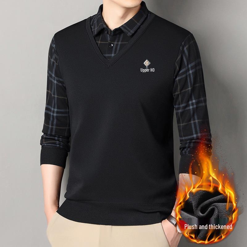 

Men s Autumn/Winter Knit Two-in-One Shirt Collar Jacket with Velvet Lining XL