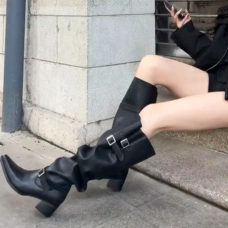 Eilyken Winter Punk Style Women Knee-High Boots Designer Square Heels Buckle Strap Shoes Ladies Booties
