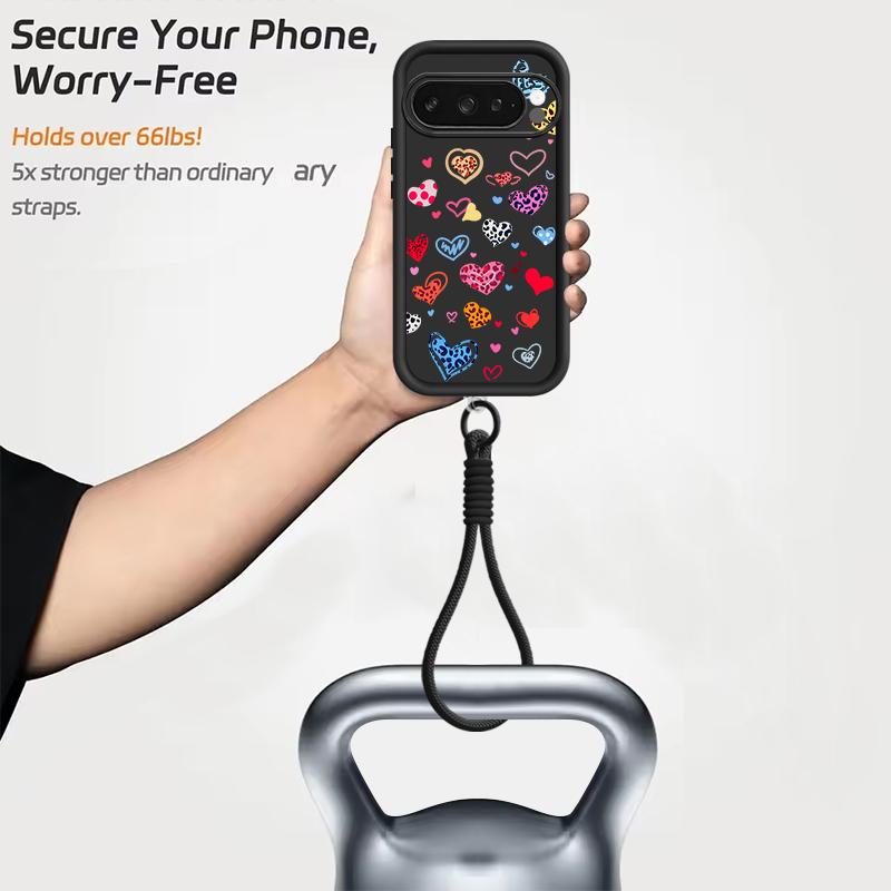 Colorful Love Heart Printed Case For Google Pixel 10 8 7 Pro 9A 8A Pixel 9 10 Pro XL Wrist Strap Lanyard Soft TPU Phone Cover