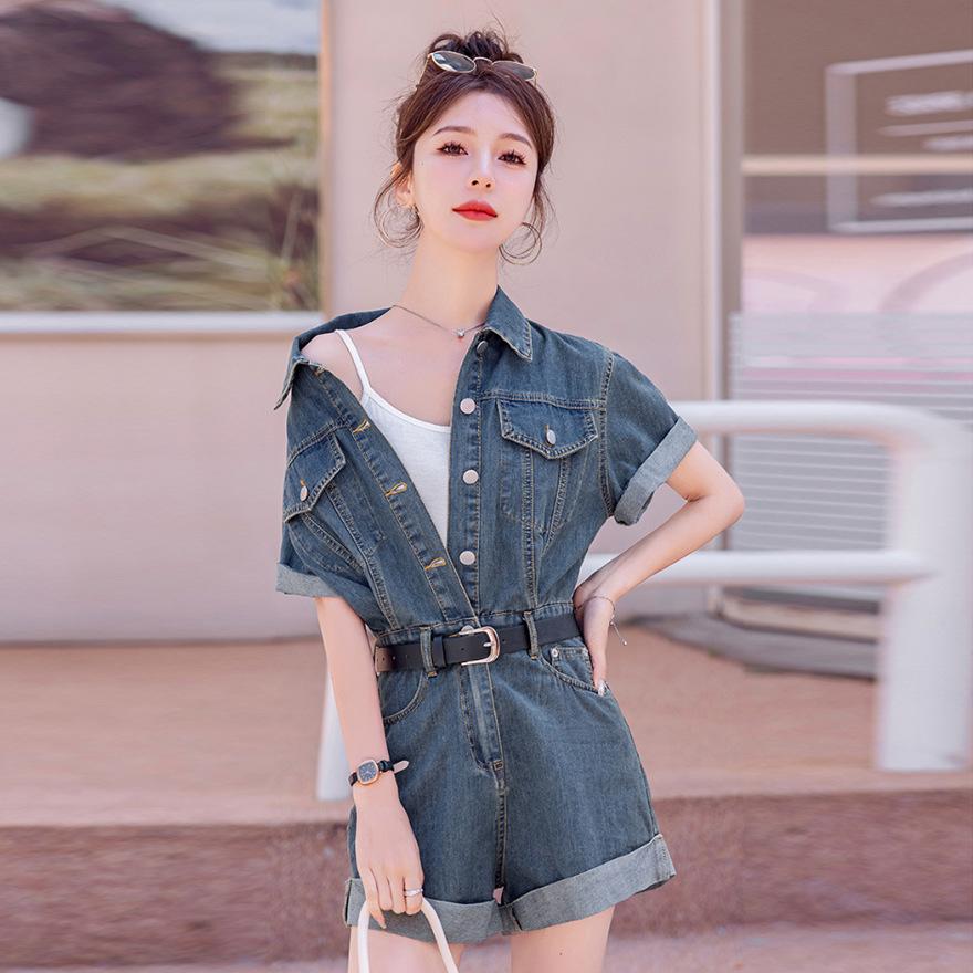 Fashion Casual Denim Jumpsuit Women's Spring and Summer New Temperament Tooling Short Sleeve Waist Skinny Jumpsuit