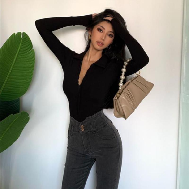 Lapel Zipper T-shirt Spring Autumn V-neck Long-sleeved Niche Design Slim Bottoming T-shirt POLO Collar One-piece Top