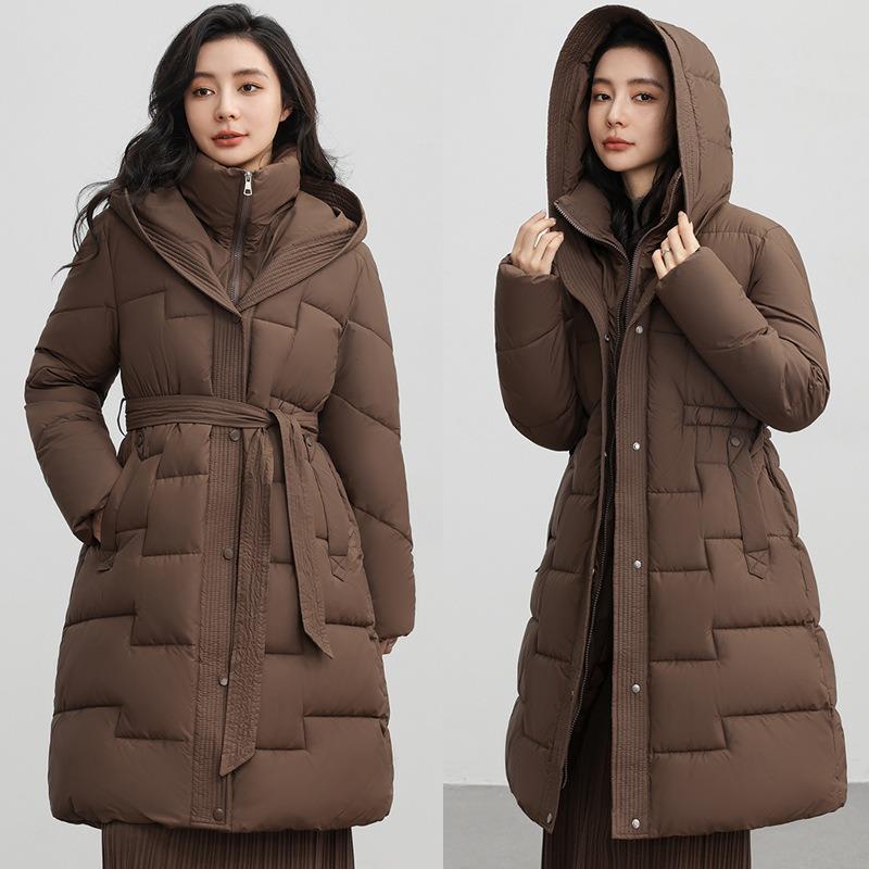 Over-knee Cotton Clothes Women's Medium and Long Winter New Fashion Waist Strap-up Thin Warm Jacket Temperament Solid Color Cold-proof Clothes