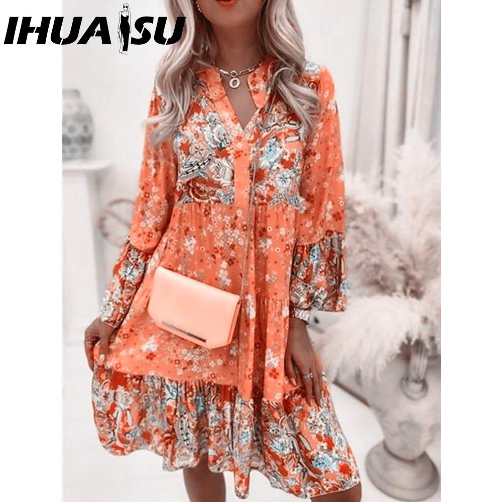 

IHUASU Женская мода Богемный цветочный принт V-образный вырез Мини-платья Повседневные свободные элегантные женские платья для пляжной вечеринки с рукавами-фонариками XXXL оранжевый
