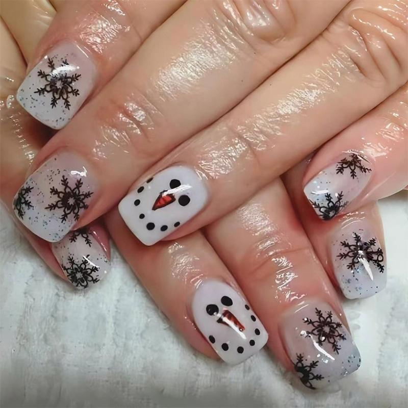 

24x Christmas False Nails Snowflake Artificial Nails Square Full Cover Stick on Nails Snowmen Press On Nails for Women 1