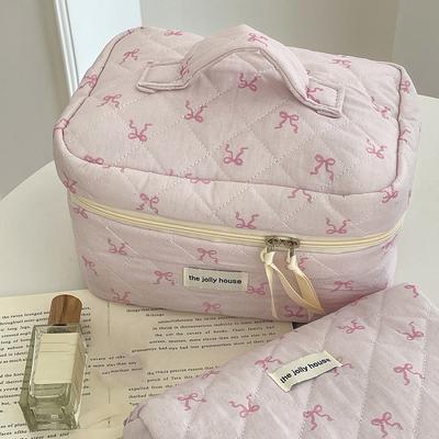 Rosa Schleife Steppung Damen Kosmetiktasche Tragbar Reißverschluss Make-up Reise-Organizer Handtasche für Damen Kulturtasche Für Mädchen