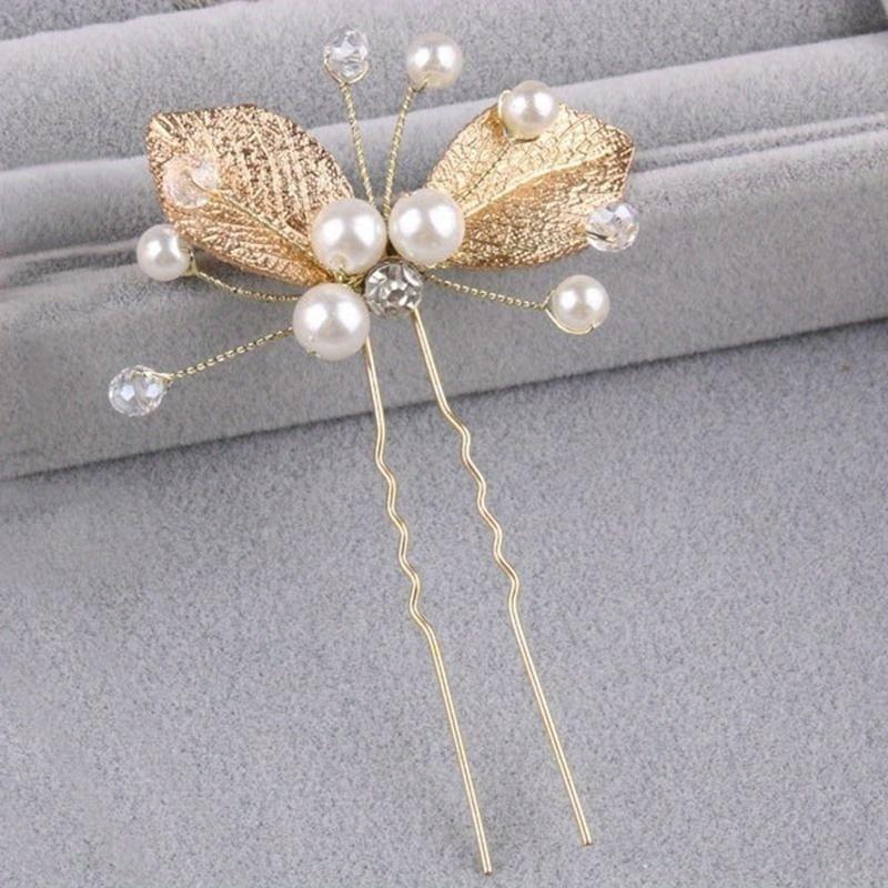 

1 шт. U-образная шпилька в форме листа дерева, ручная работа, жемчуг, вода, бриллианты, свадебные аксессуары, головной убор для волос золотой