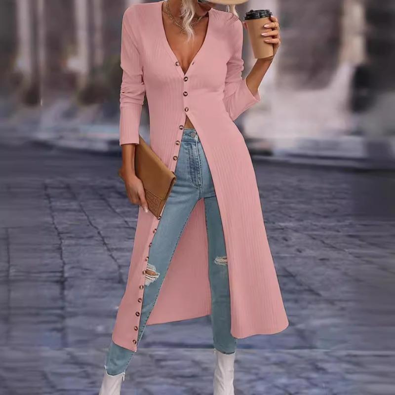 Damen Modischer Lässiger Einfarbiger Langärmliger Langer Cardigan V-Ausschnitt T-Shirt Top