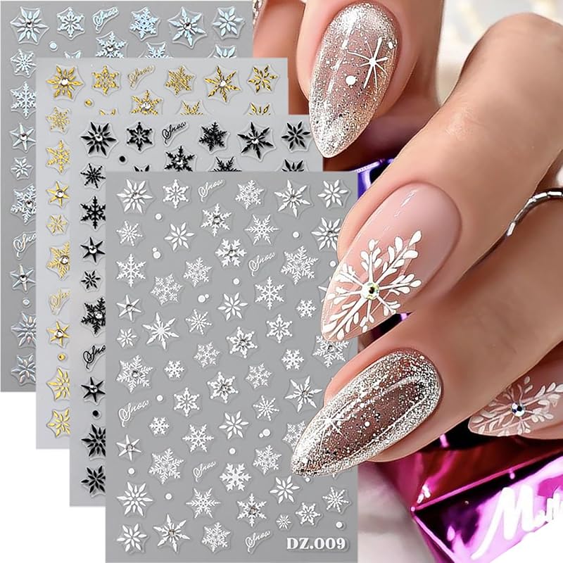 4 Sheets Christmas Nail Stickers for Nail Art 3D Self-Adhesive White Snowflake Nail Art Stickers Winter Xmas Tree Elk Design French Tip Nail Decals