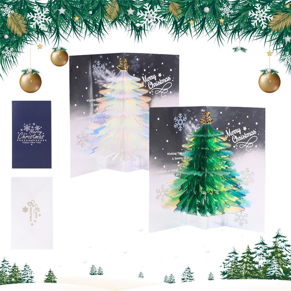 3D Christmas Handmade Cards Glitter Christmas Tree Pop up Greeting Blessing Postcards with Lay Flat Display Widget&envelopes Decoration