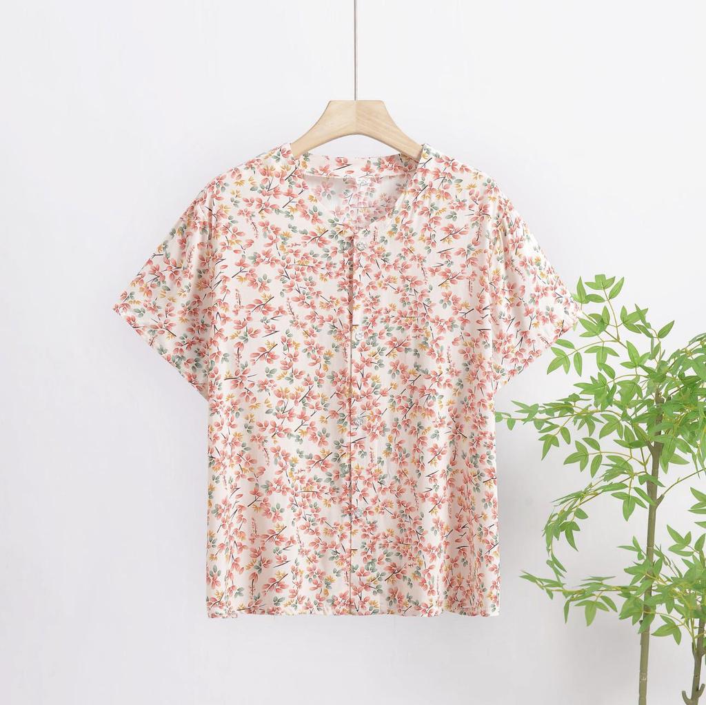 2025 Summer Floral Print V-Neck Button Short Sleeve Loose T-Shirt