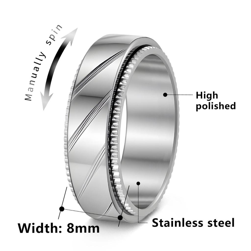 8mm Titanium Steel Punk Rotatable Decompression Ring with Woven Mesh and 18K Vacuum Plating