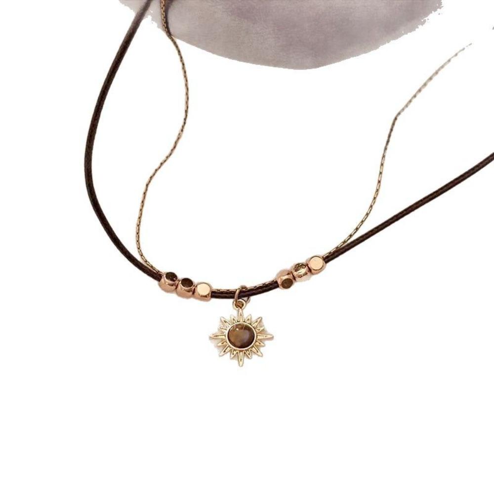 

Retro Maillard Gold Color Sunflower Tiger s Eye Stone Pendant Multi-layer Fold Wear Necklace for Women Collar Chain Zircon Gift