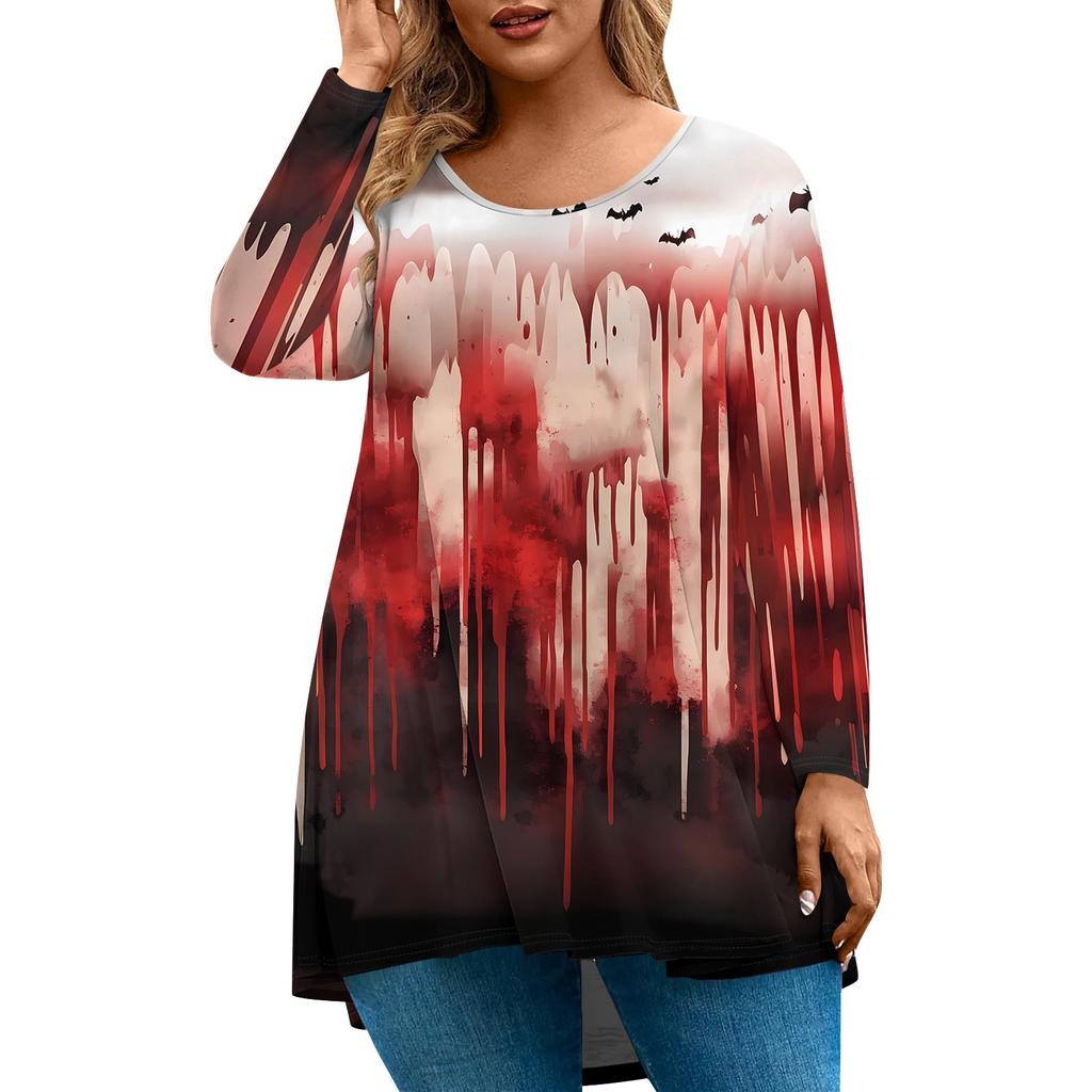 Women's Fashion Large Size Round Neck Long Sleeve Casual Halloween Print Loose Pullover Top