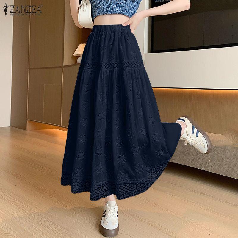 ZANZEA Women Casual Elastic Waist Loose Lace Crochet Patchwork Dress